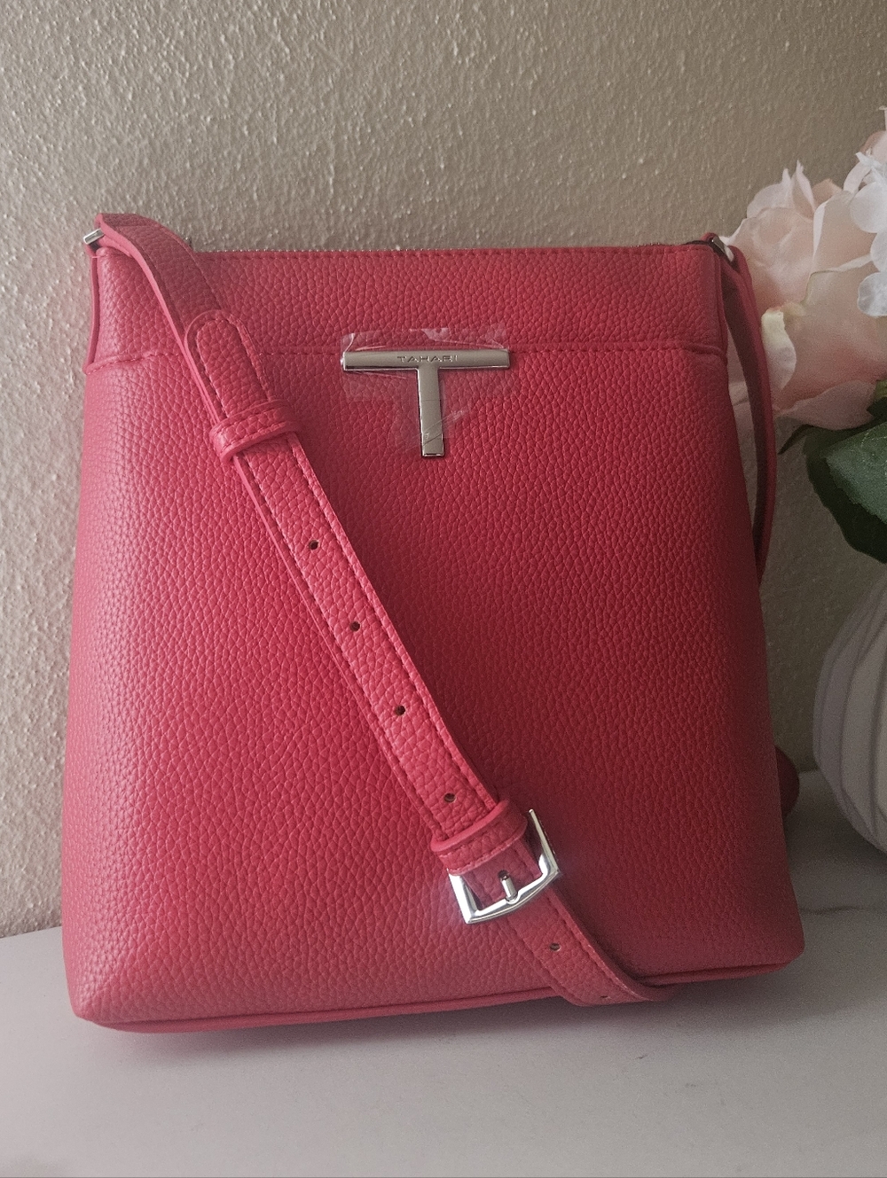Tahari Crossbody Bag in Punch Red -  Canal Pebble Multi Pocket NWT